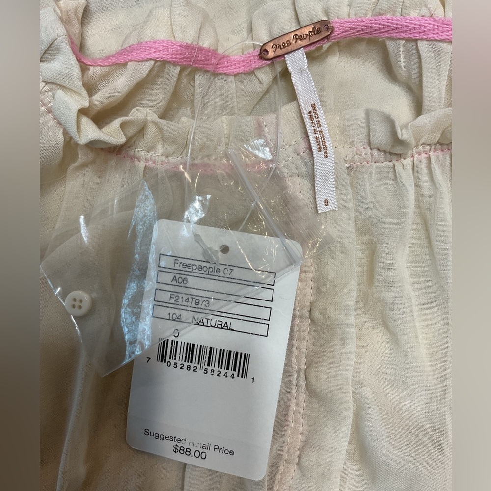 NWT Free People Cream Gauze Empire Waist Tunic Blouse – Pink & Green Ribbon - Picture 13 of 16
